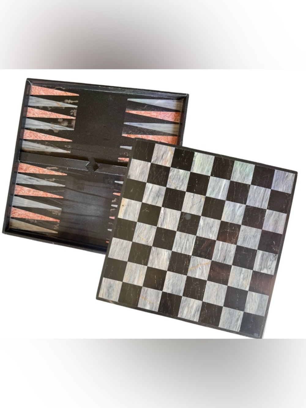 1960s Classic marble Black and Gray Wooden Chess & Backgammon Set double sided